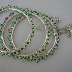 Beautiful 3 Bracelet Diameter 2.5" White Metal & Green Color Beads Vintage